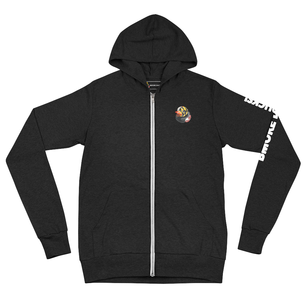 front side of charcoal hoodie decorated with BMORE DUCKS! Maryland flag rubber duck