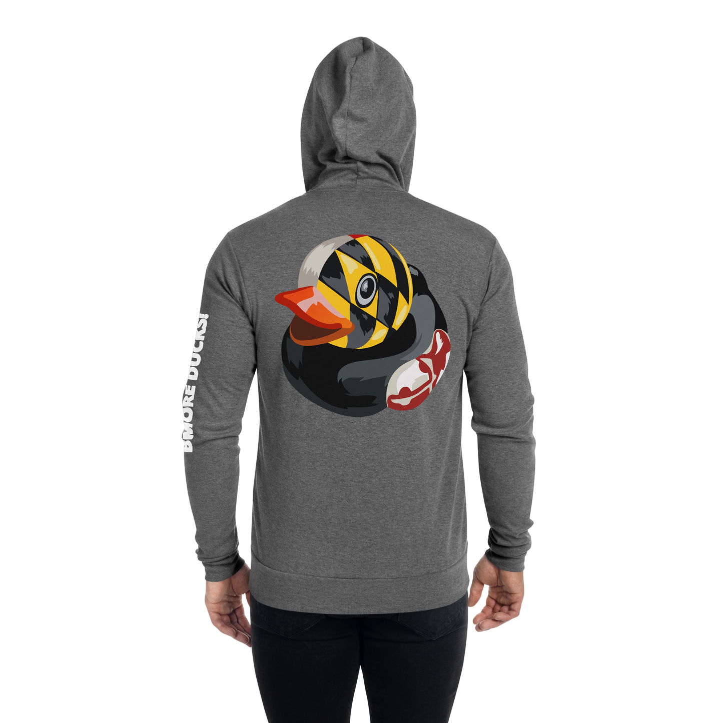 back side of man wearing gray hoodie decorated with BMORE DUCKS! Maryland flag rubber duck