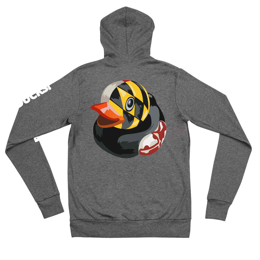 back side of gray hoodie decorated with BMORE DUCKS! Maryland flag rubber duck