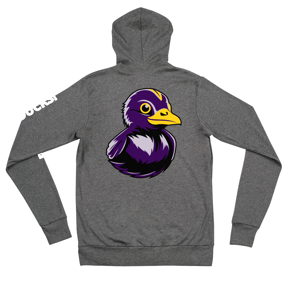 back side of gray hoodie decorated with BMORE DUCKS! black and purple rubber duck