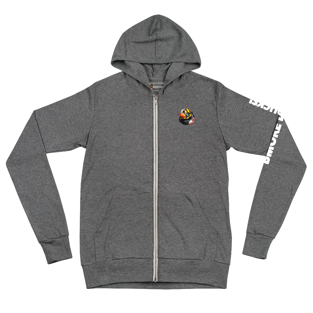 front side of gray hoodie decorated with BMORE DUCKS! Maryland flag rubber duck