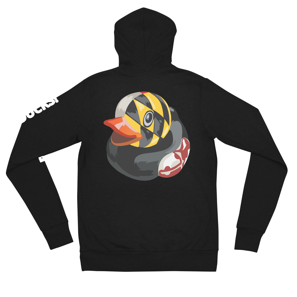 back side of black hoodie decorated with BMORE DUCKS! Maryland flag rubber duck