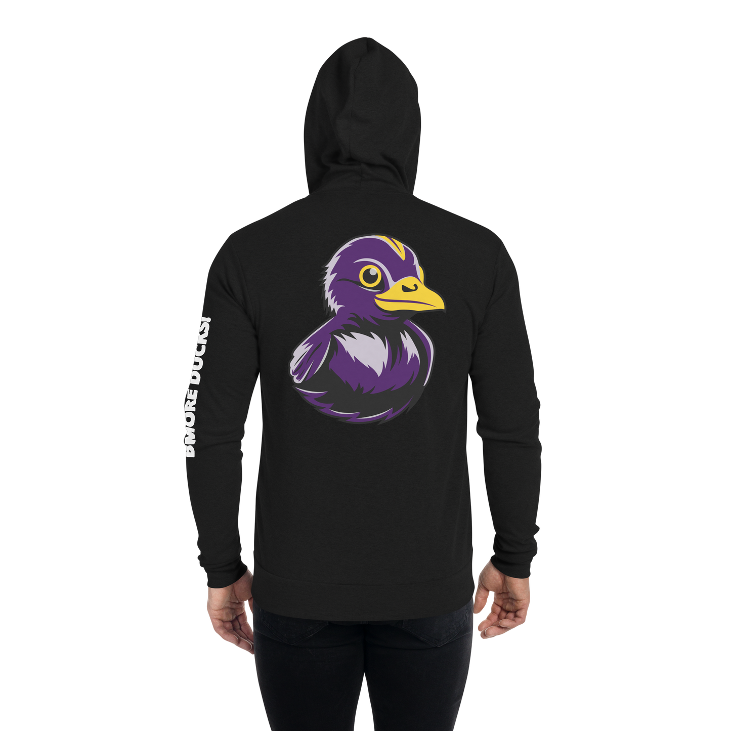 back side of man wearing black hoodie decorated with BMORE DUCKS! black and purple rubber duck