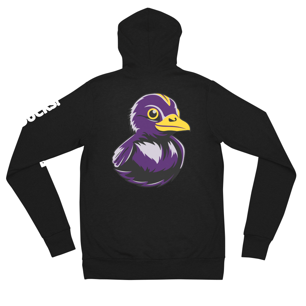 back side of black hoodie decorated with BMORE DUCKS! black and purple rubber duck