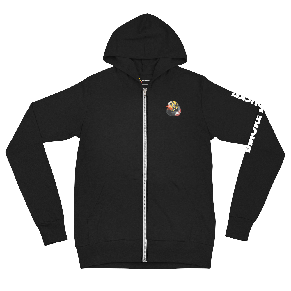 front side of black hoodie decorated with BMORE DUCKS! Maryland flag rubber duck