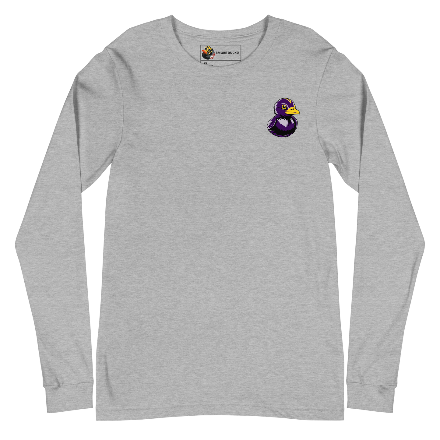 front of a athletic heather long sleeve tee shirt with a black and purple rubber duck logo on left chest