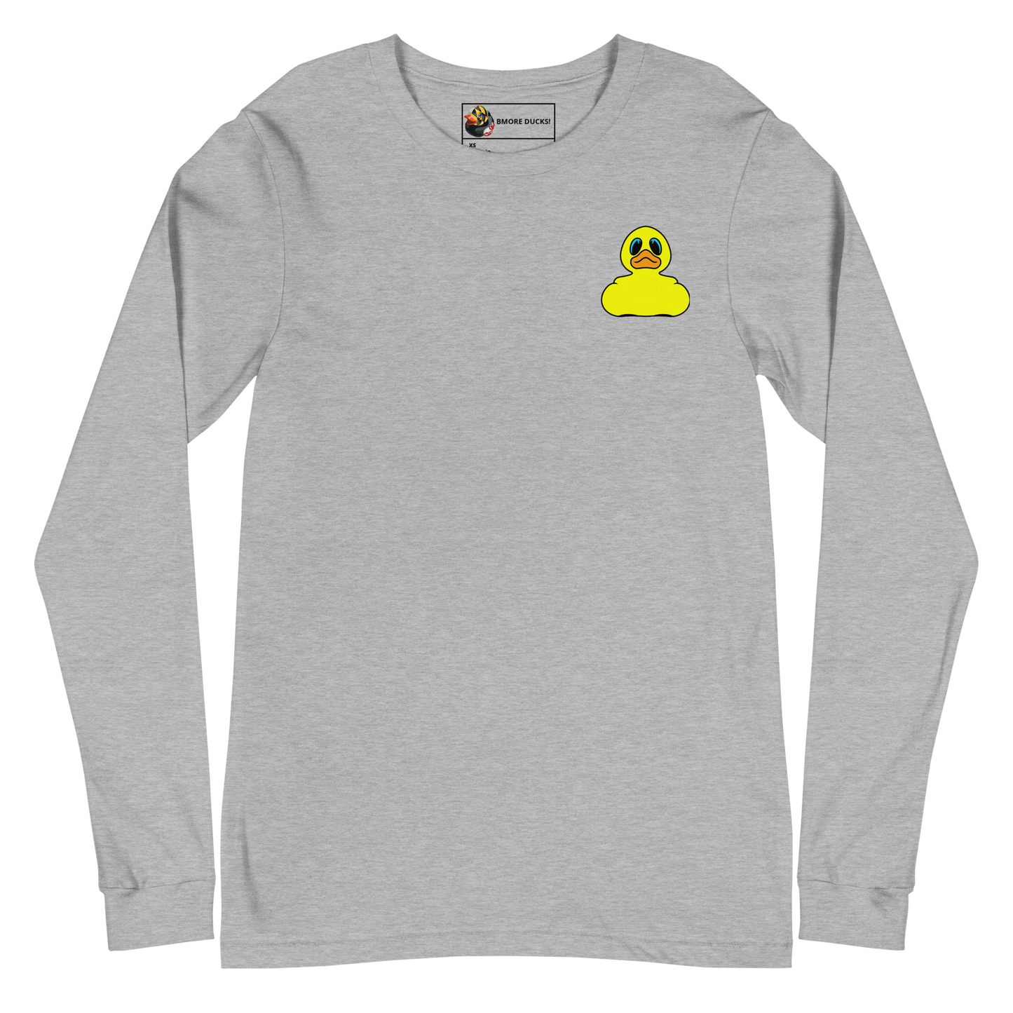 front of a athletic heather long sleeve tee shirt with a yellow rubber duck logo on left chest