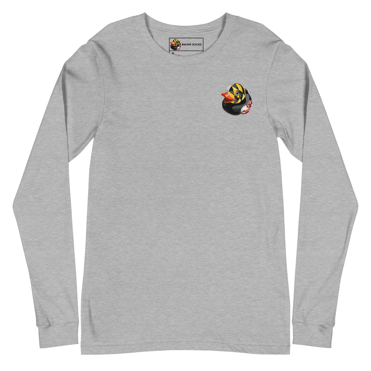 front of a athletic heather long sleeve tee with a rubber duck decorated in the Maryland state flag on the left chest