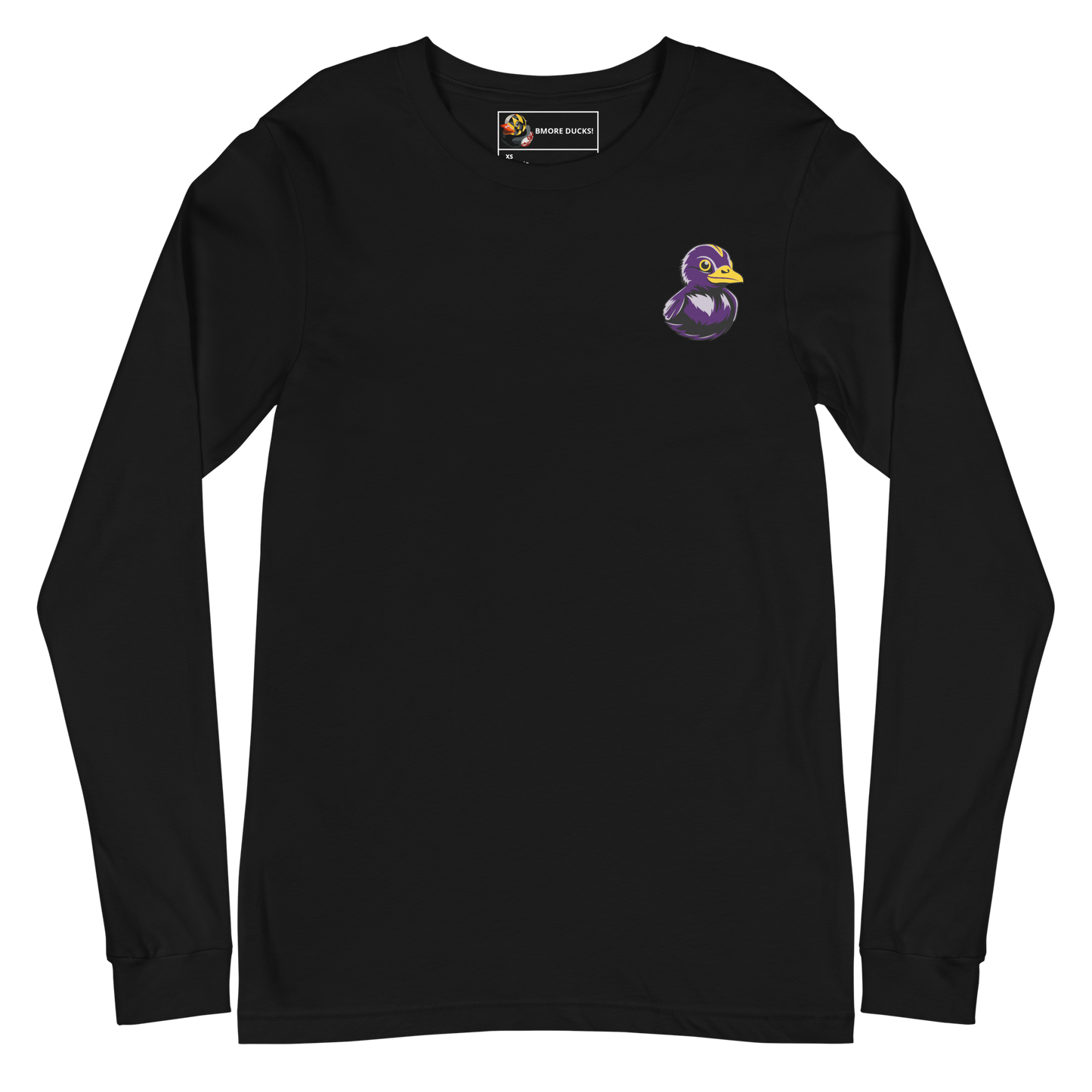 front of a black long sleeve tee shirt with a black and purple rubber duck logo on left chest