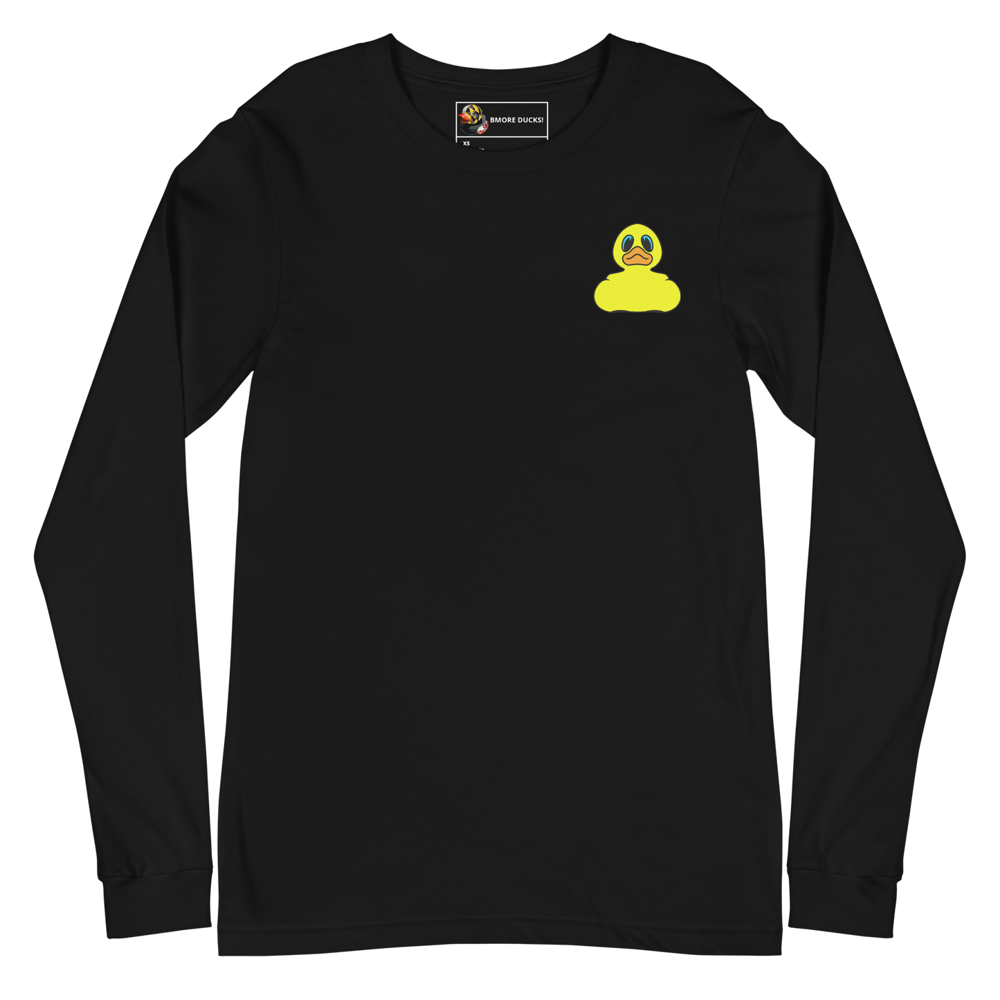 front of a black long sleeve tee shirt with a yellow rubber duck logo on left chest