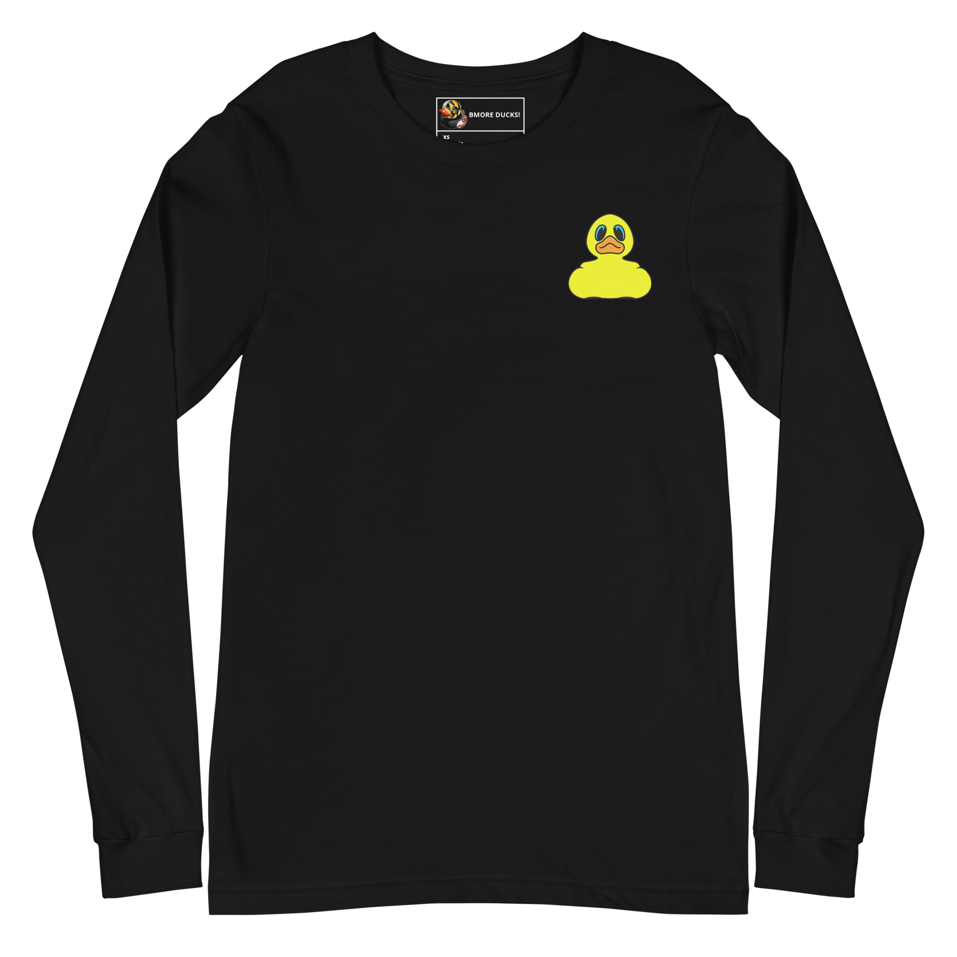 front of a black long sleeve tee shirt with a yellow rubber duck logo on left chest