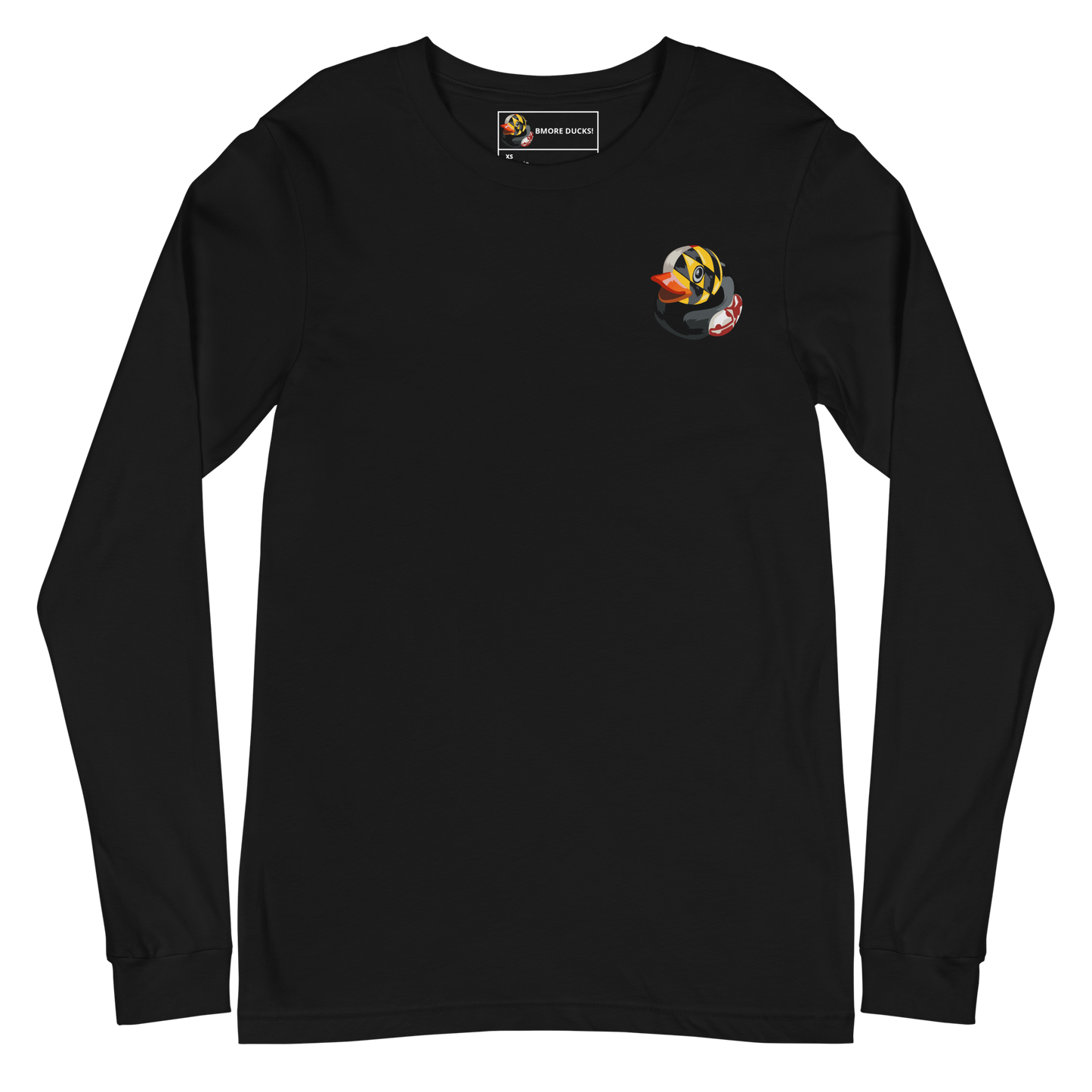 front of a black long sleeve tee with a rubber duck decorated in the Maryland state flag on the left chest