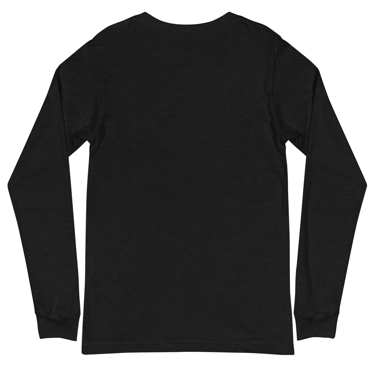 back of a black heather long sleeve tee shirt