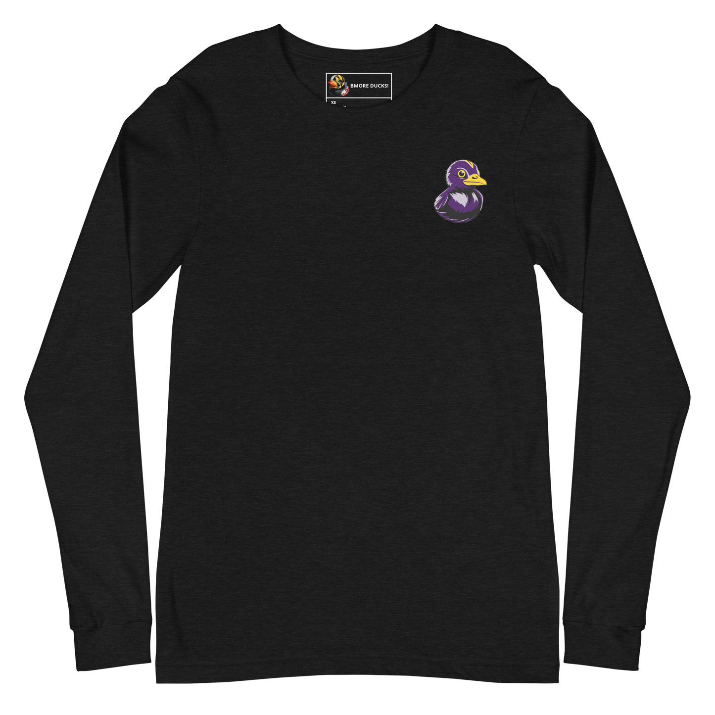 front of a black heather long sleeve tee shirt with a black and purple rubber duck logo on left chest