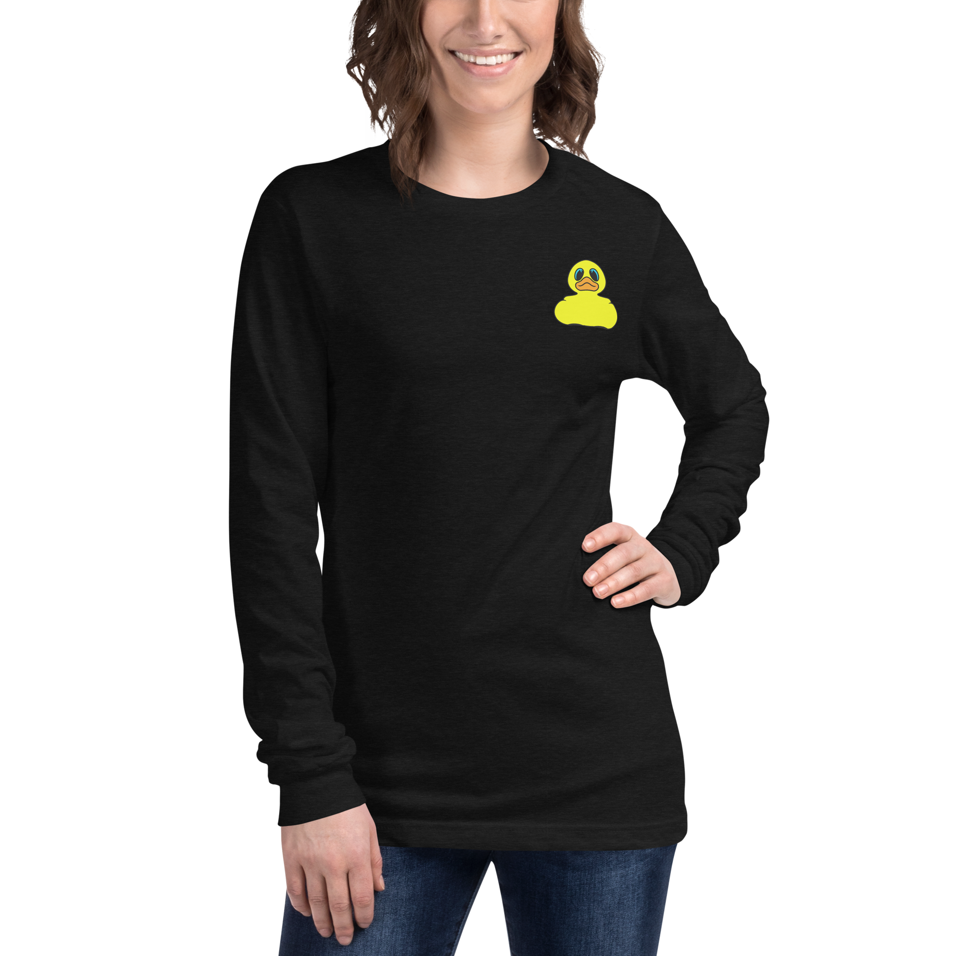 woman modeling a black heather long sleeve tee shirt with a yellow rubber duck logo on left chest