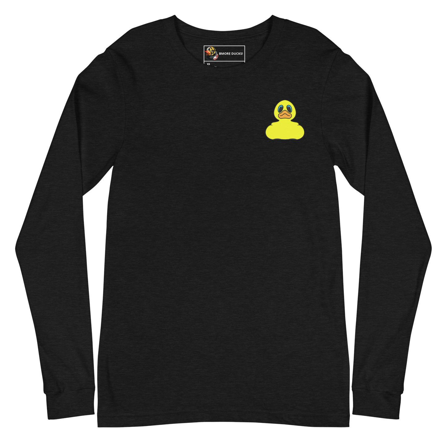 front of a black heather long sleeve tee shirt with a yellow rubber duck logo on left chest