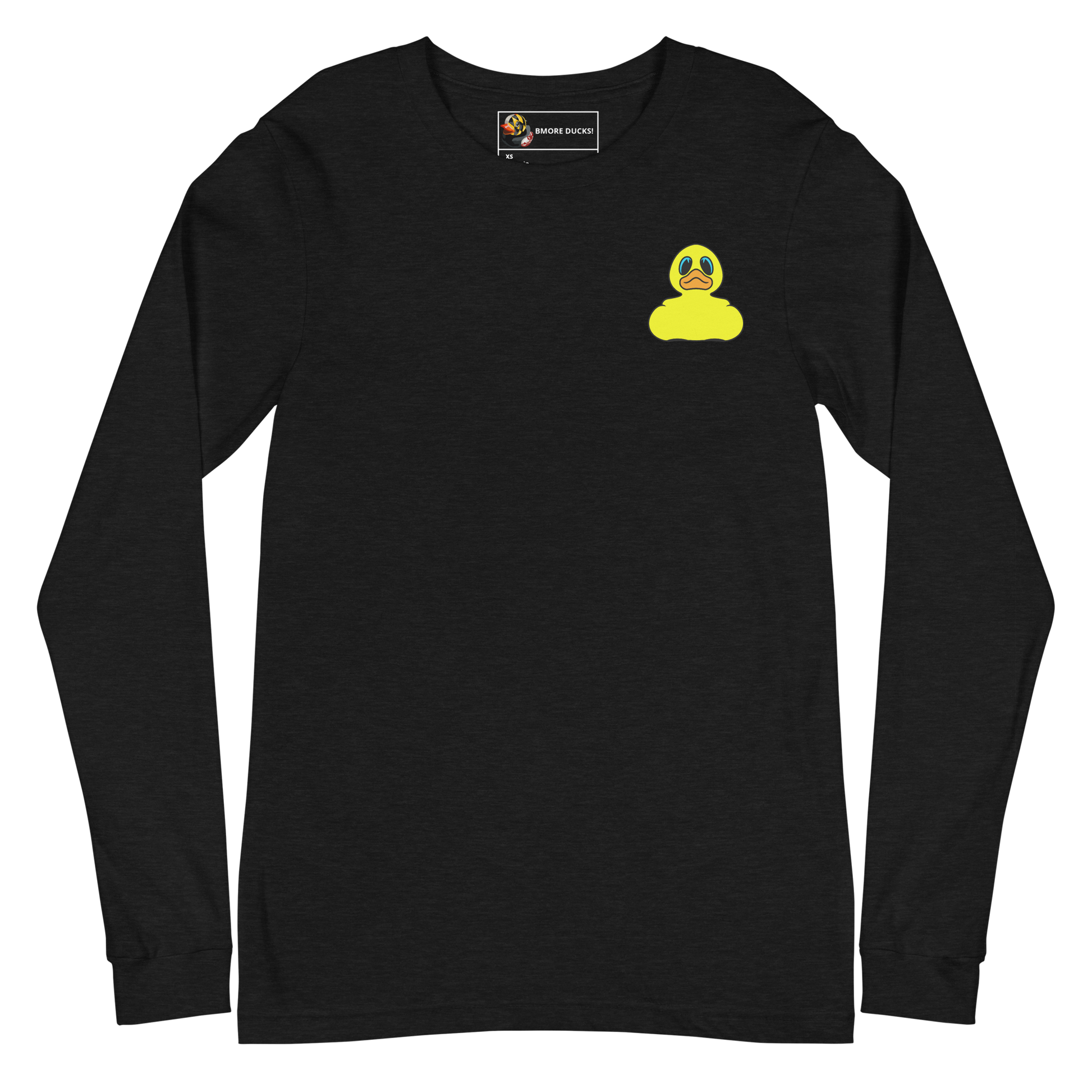 front of a black heather long sleeve tee shirt with a yellow rubber duck logo on left chest