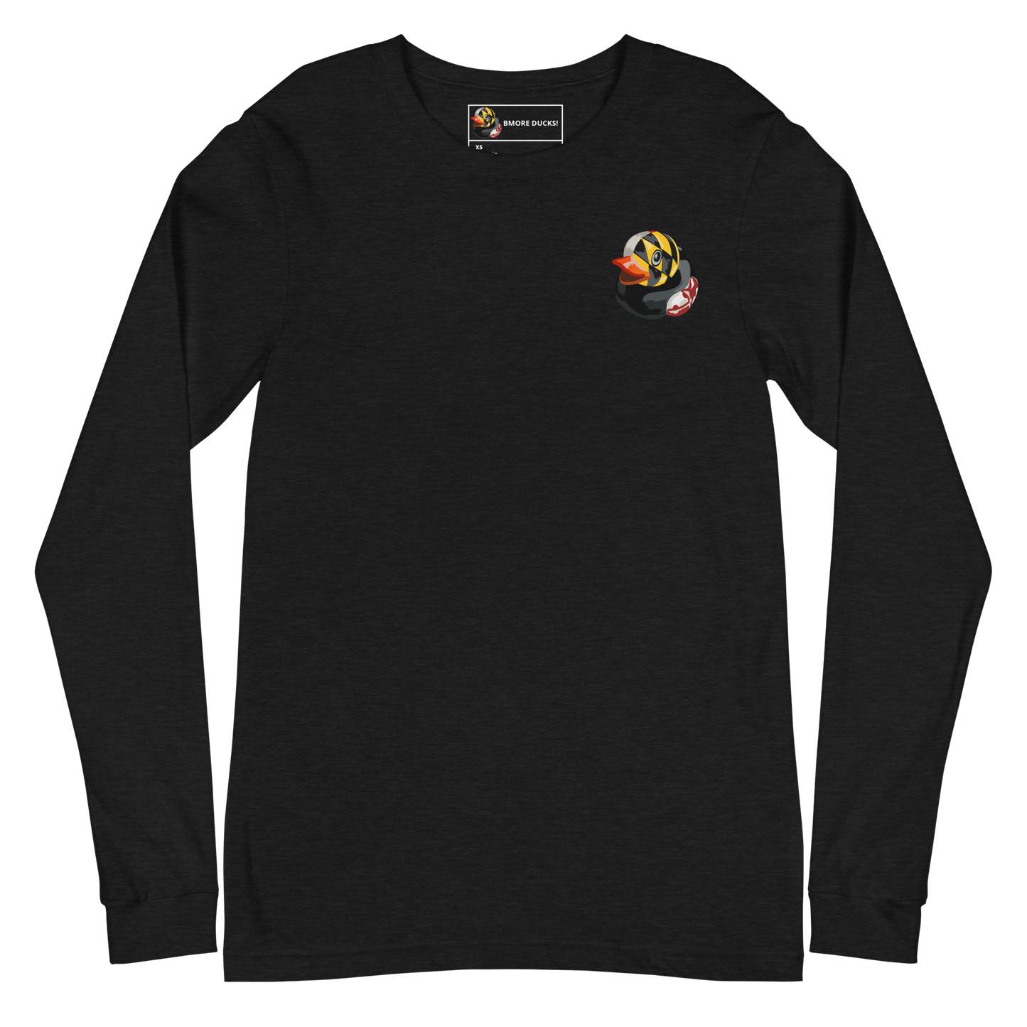 front of a black heather long sleeve tee with a rubber duck decorated in the Maryland state flag on the left chest