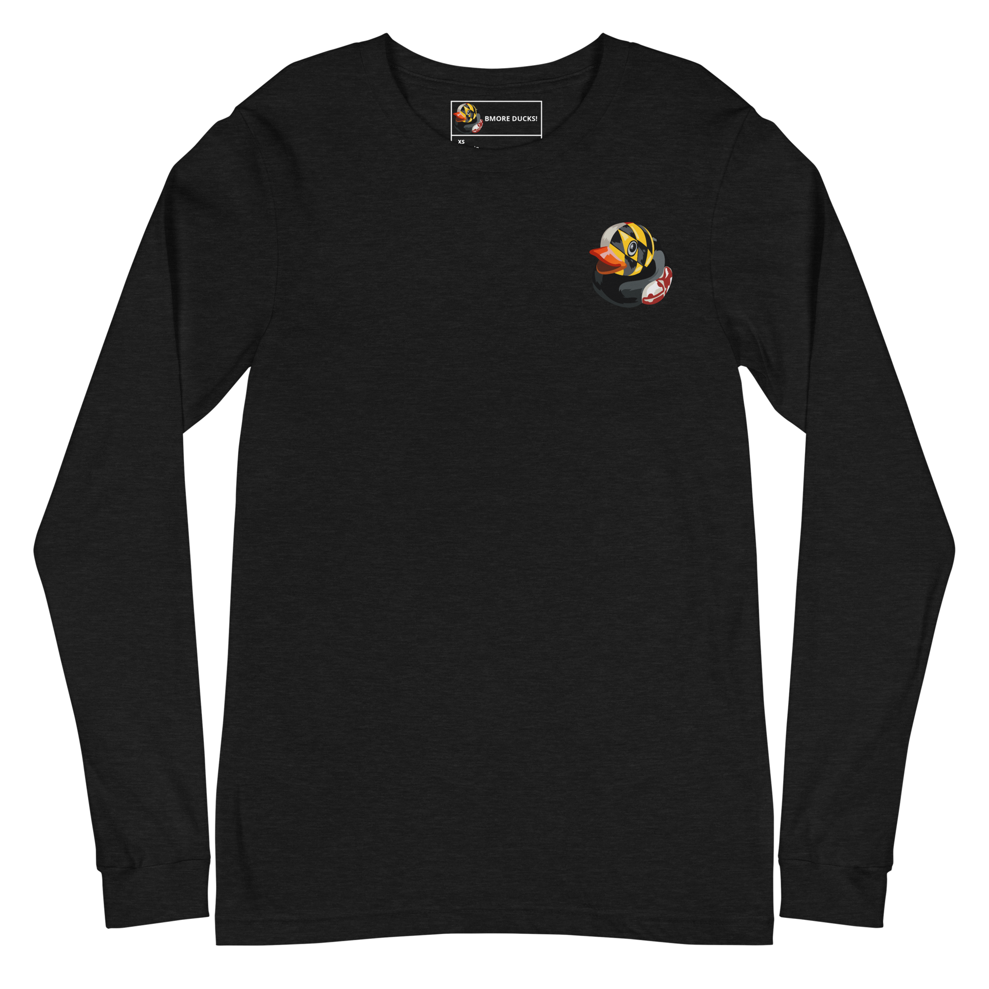 front of a black heather long sleeve tee with a rubber duck decorated in the Maryland state flag on the left chest