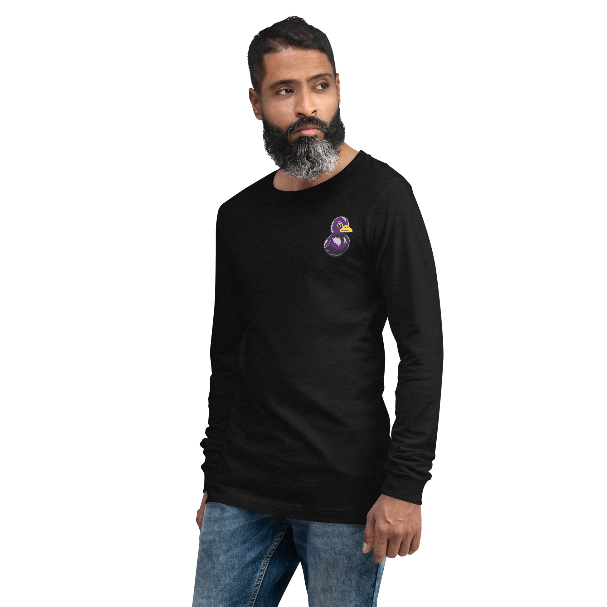 man with beard modeling a black long sleeve tee shirt with a black and purple rubber duck logo on left chest