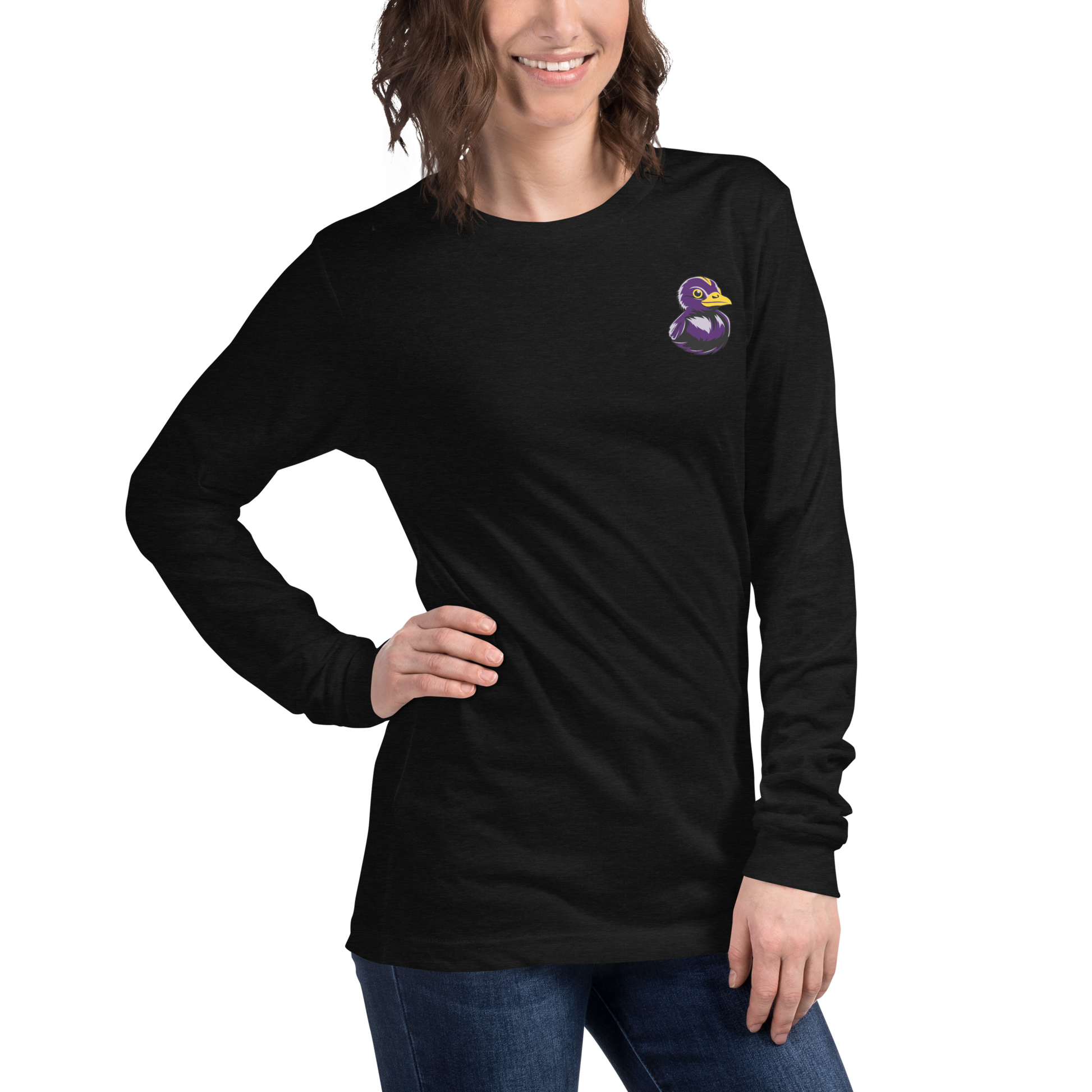 woman with hand on hip modeling a black heather long sleeve tee shirt with a black and purple rubber duck logo on left chest