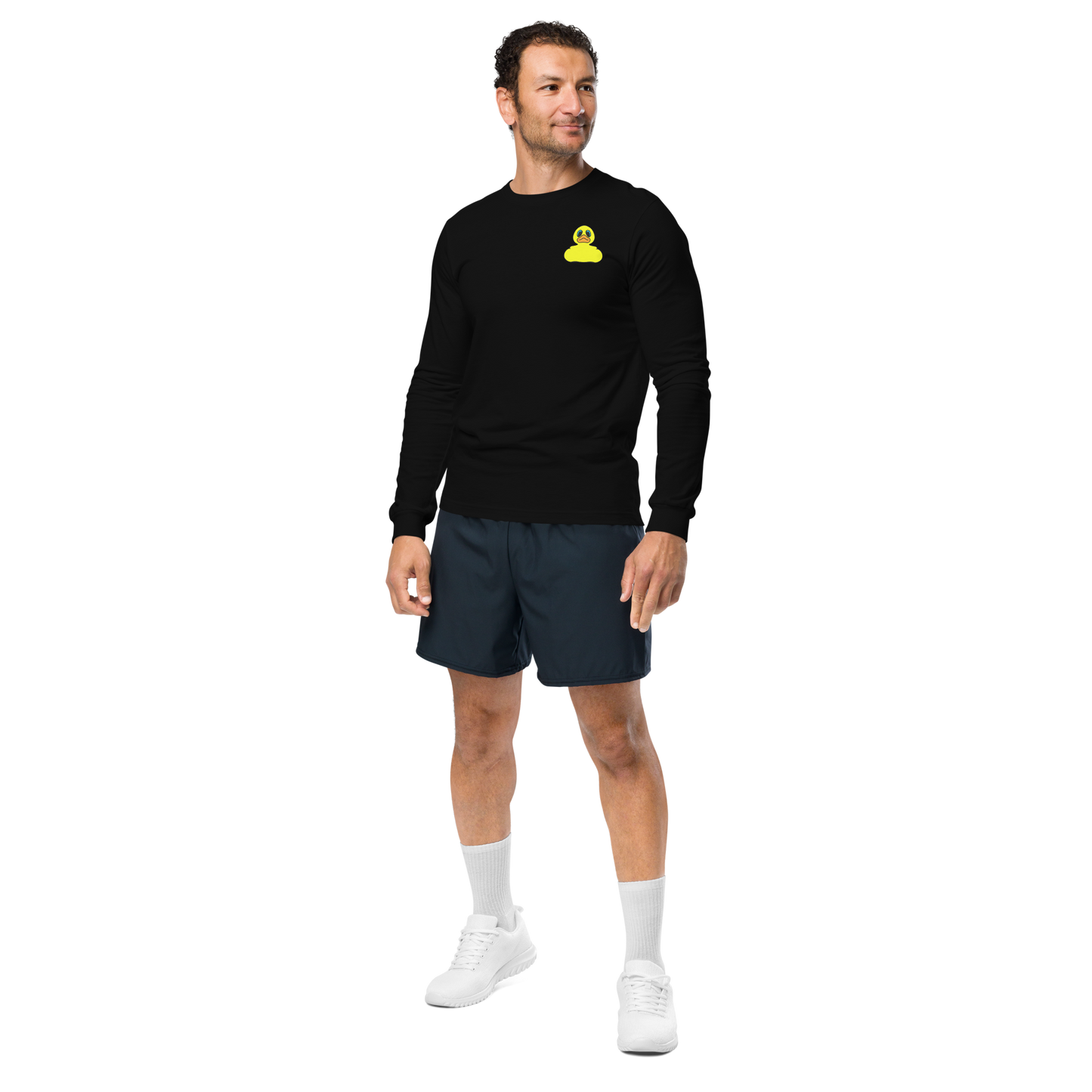 man in shorts modeling a black long sleeve tee shirt with a yellow rubber duck logo on left chest