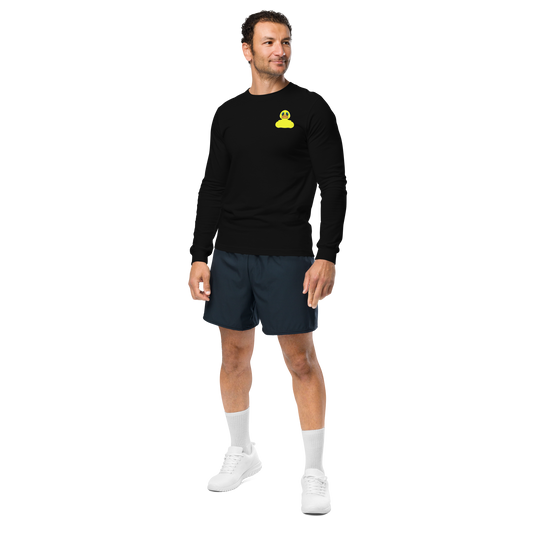 man in shorts modeling a black long sleeve tee shirt with a yellow rubber duck logo on left chest