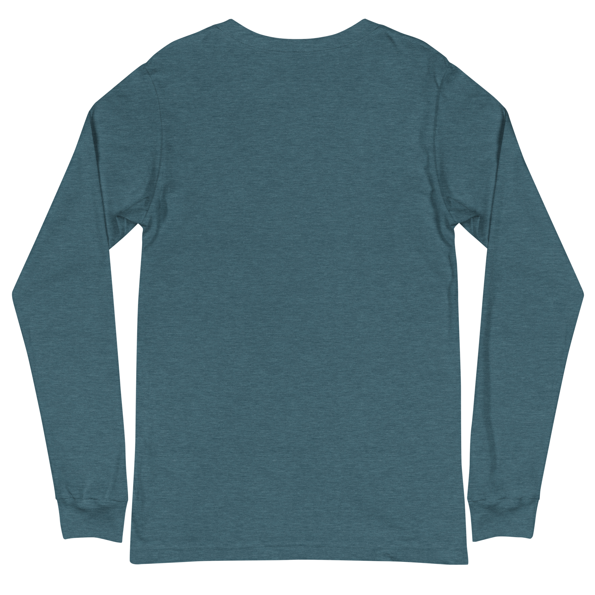 back of a heather deep teal long sleeve tee