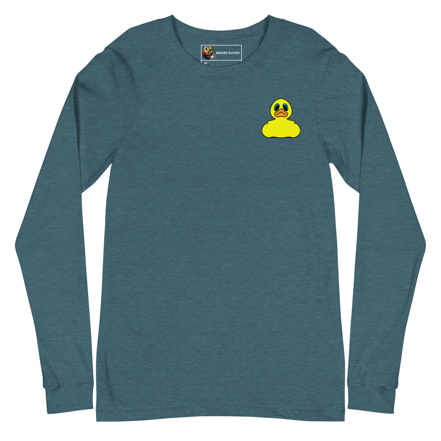 front of a heather deep teal long sleeve tee shirt with a yellow rubber duck logo on left chest