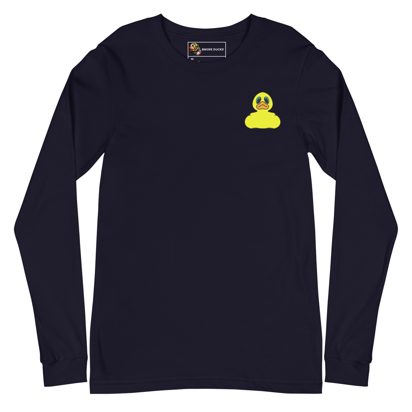 front of a navy long sleeve tee shirt with a yellow rubber duck logo on left chest