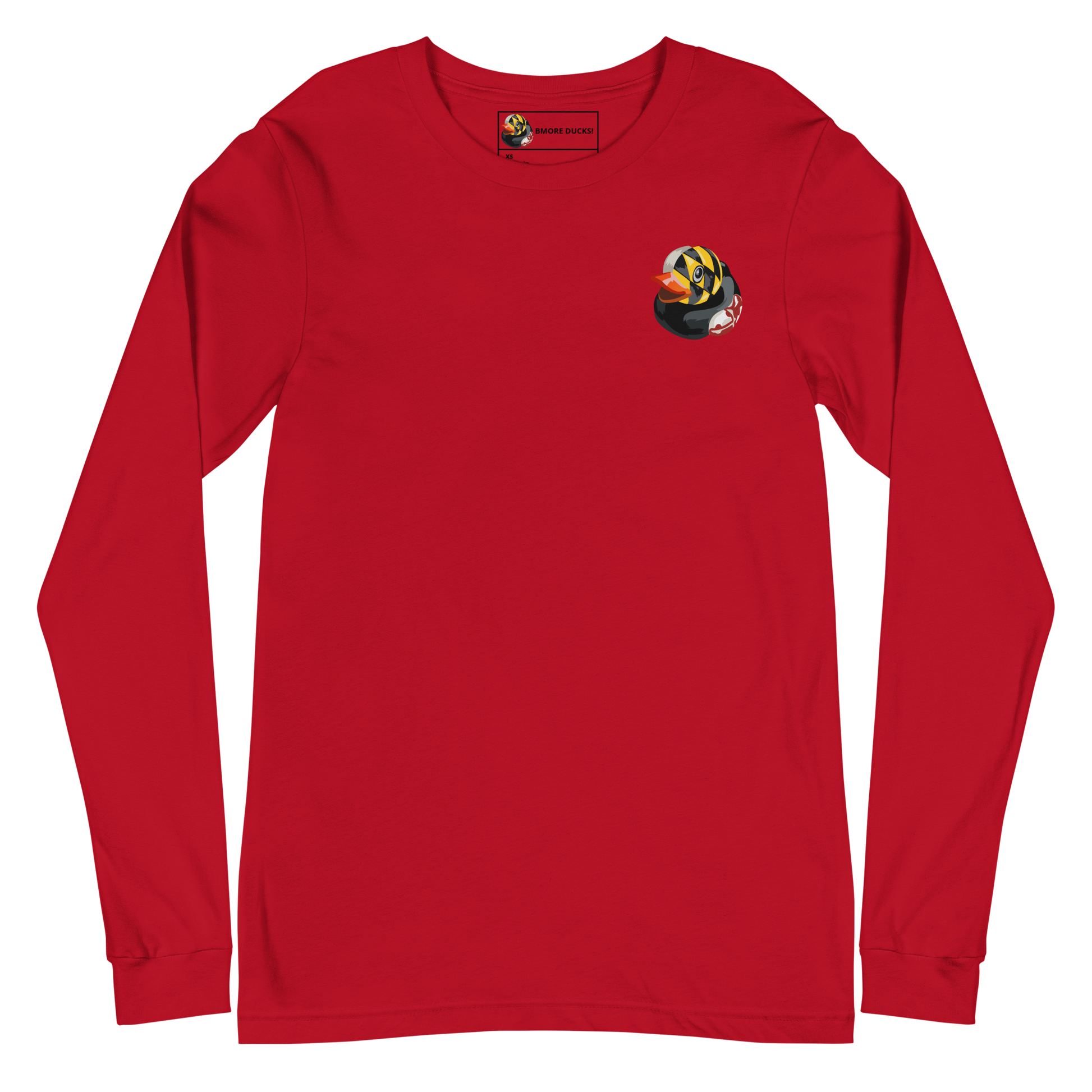 front of a red long sleeve tee with a rubber duck decorated in the Maryland state flag on the left chest