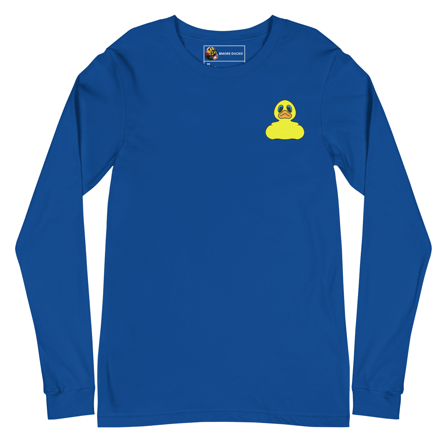 front of a true royal long sleeve tee shirt with a yellow rubber duck logo on left chest