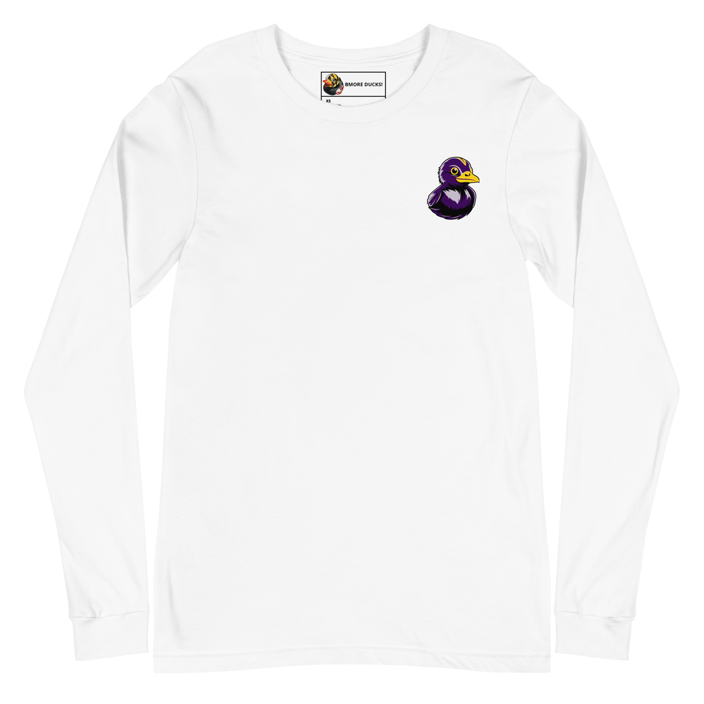 front of a white long sleeve tee shirt with a black and purple rubber duck logo on left chest