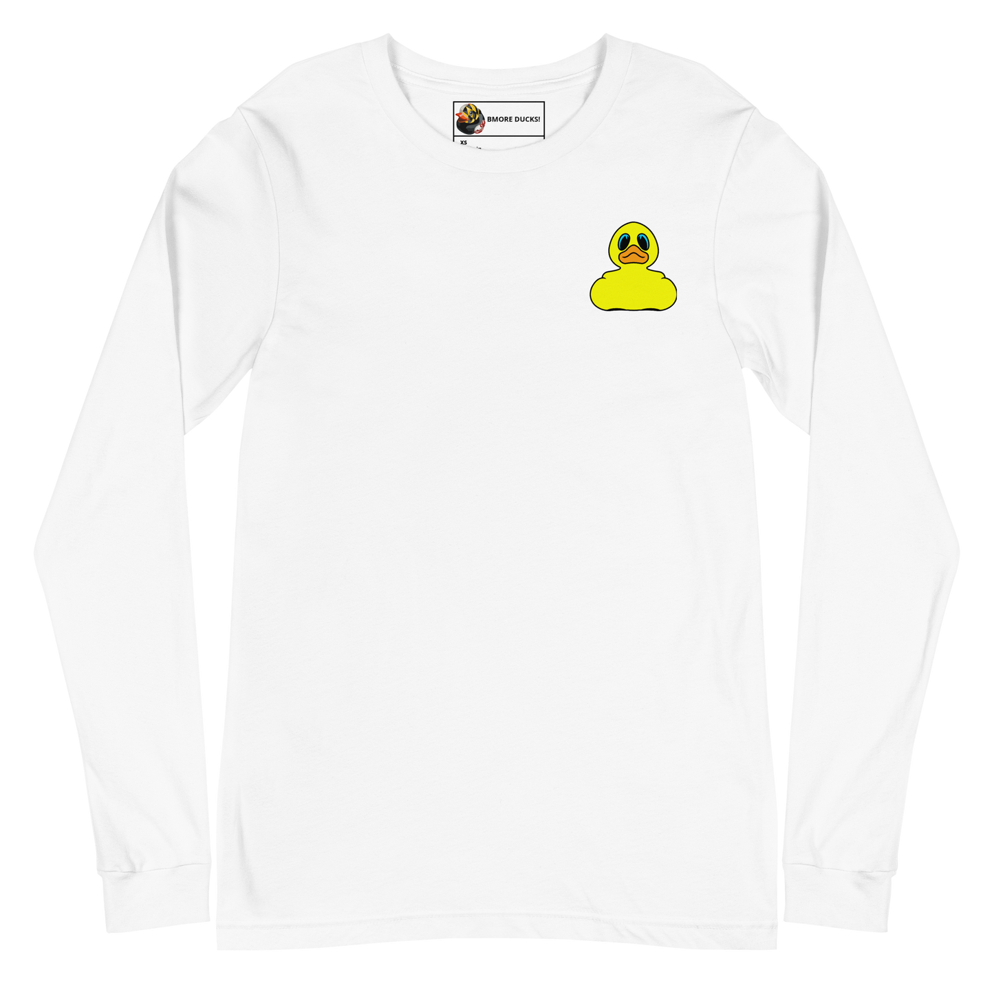 front of a white long sleeve tee shirt with a yellow rubber duck logo on left chest