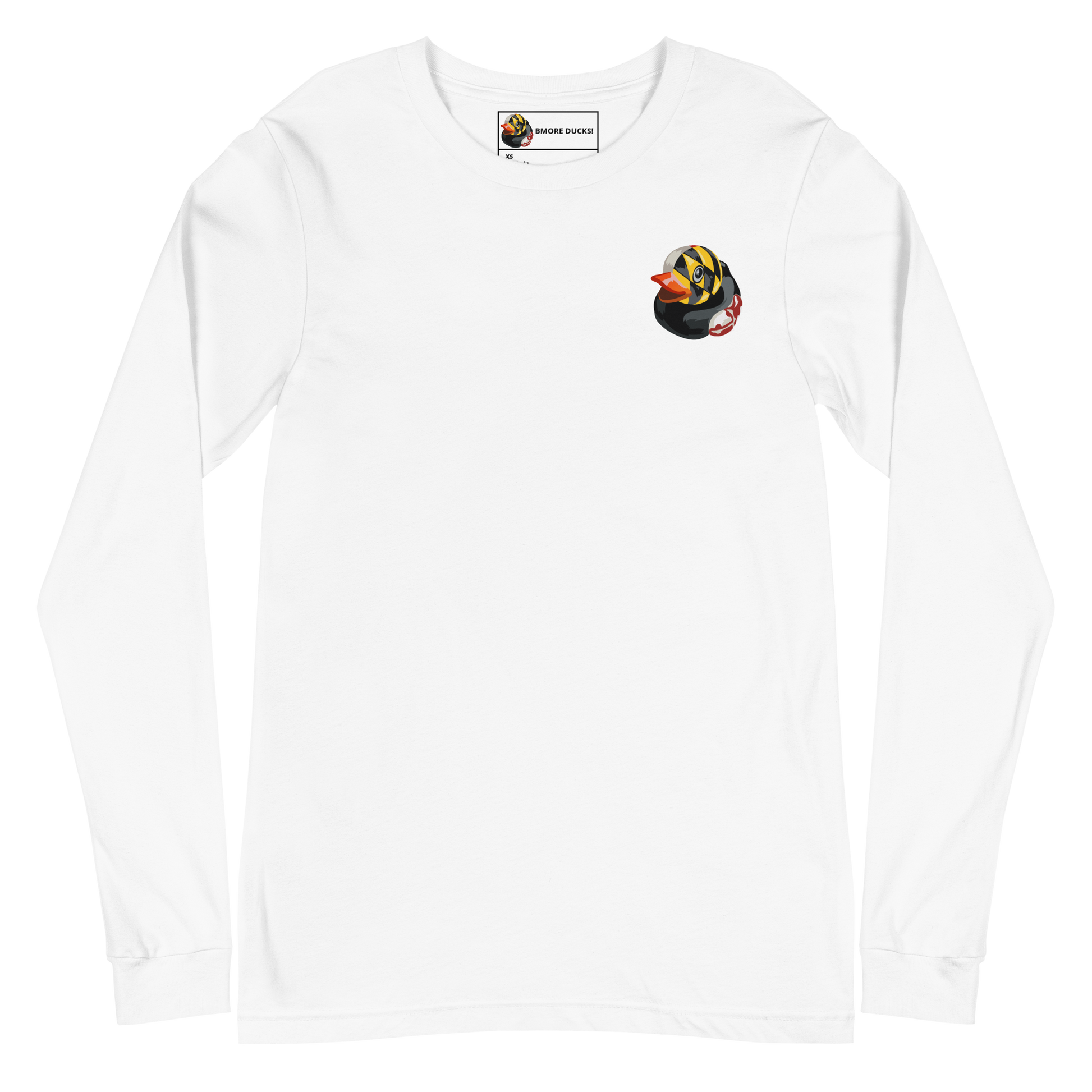 front of a white long sleeve tee with a rubber duck decorated in the Maryland state flag on the left chest