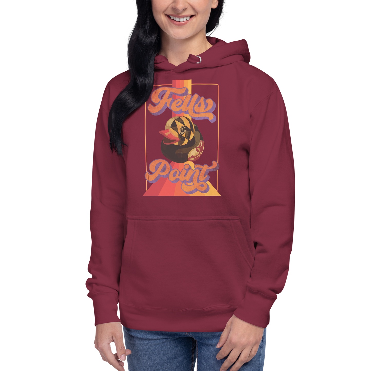 woman wearing a maroon pullover hoodie with fells point maryland rubber duck vintage design on chest