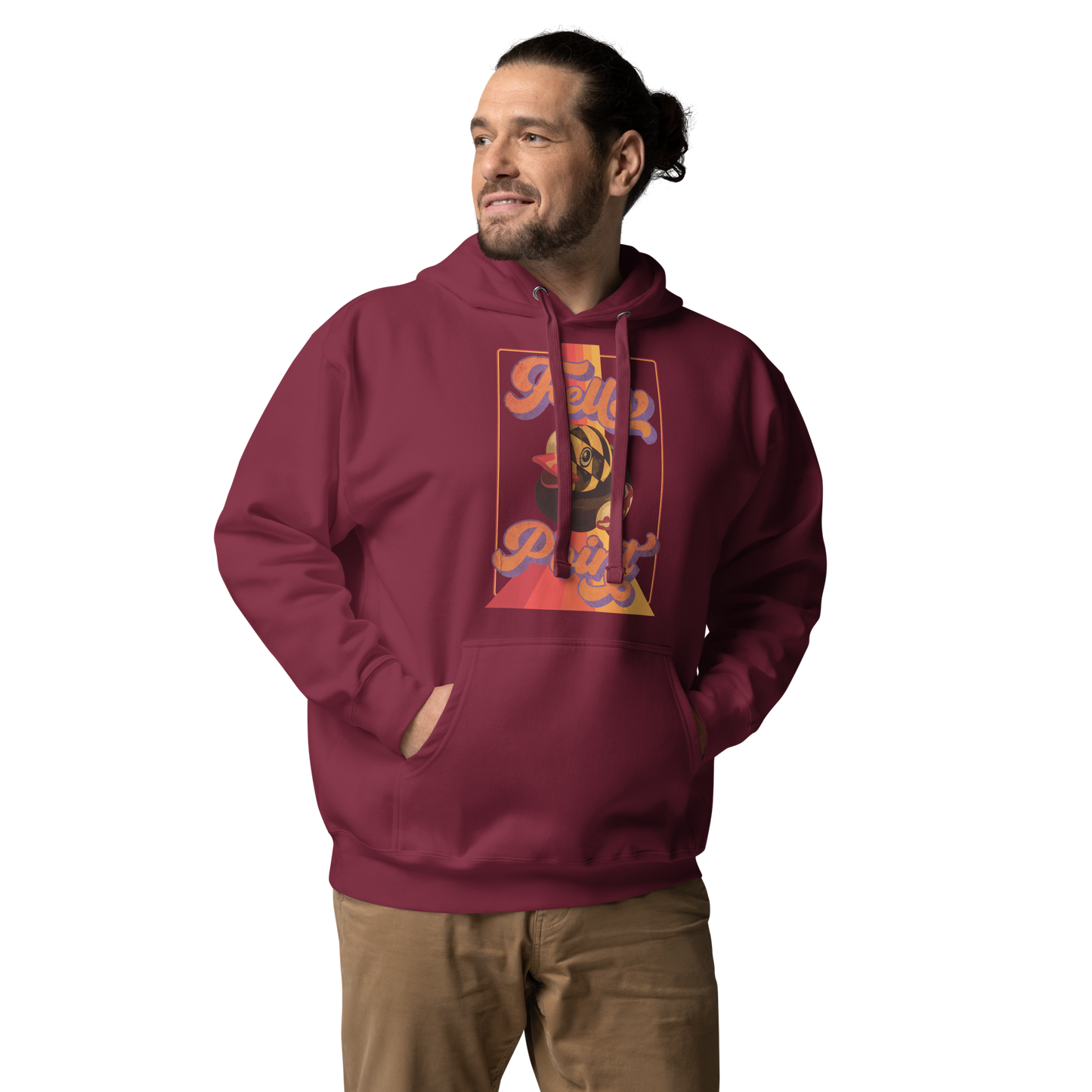 man wearing a maroon pullover hoodie with fells point maryland rubber duck vintage design on chest