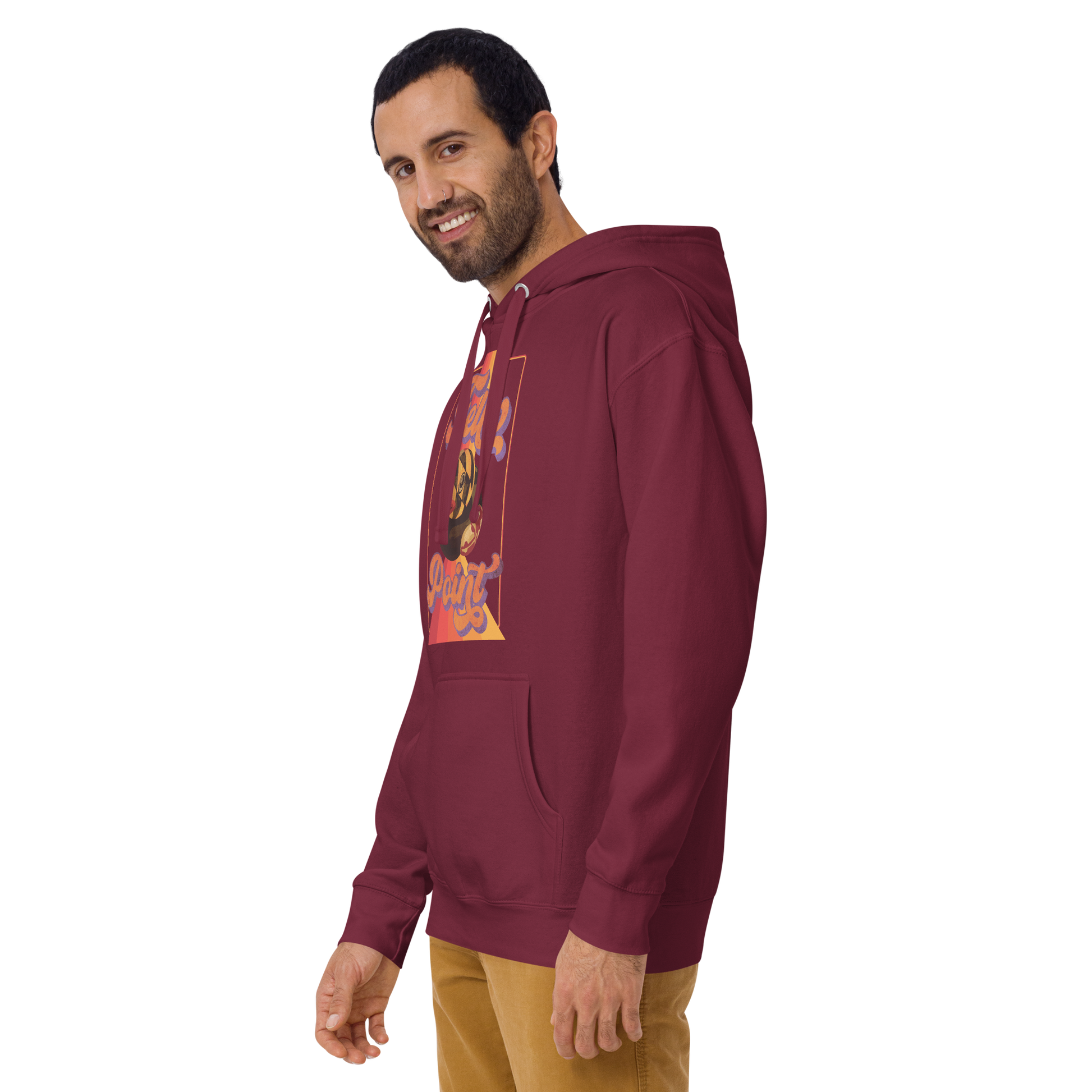 man wearing a maroon pullover hoodie with fells point maryland rubber duck vintage design on chest