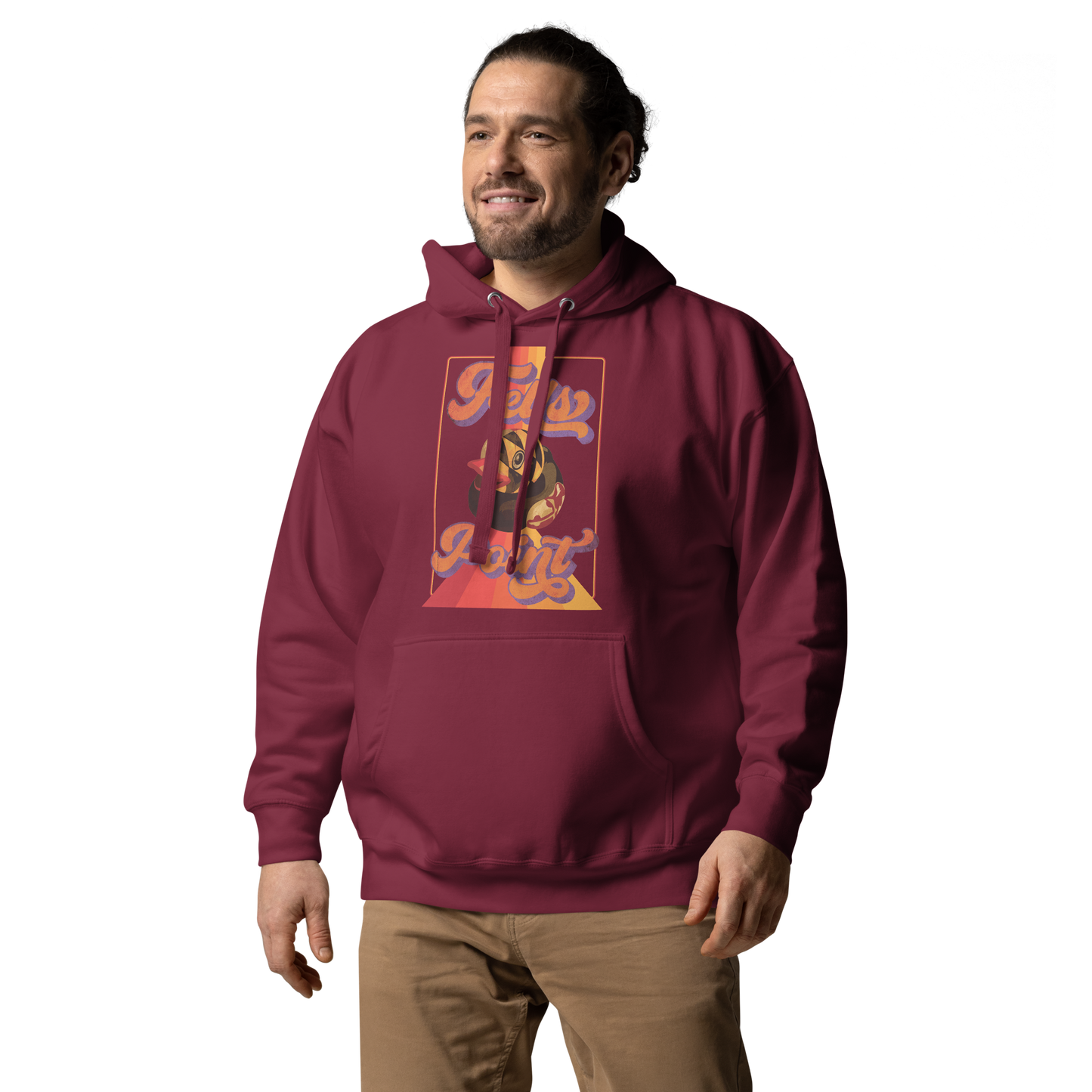 man wearing a maroon pullover hoodie with fells point maryland rubber duck vintage design on chest