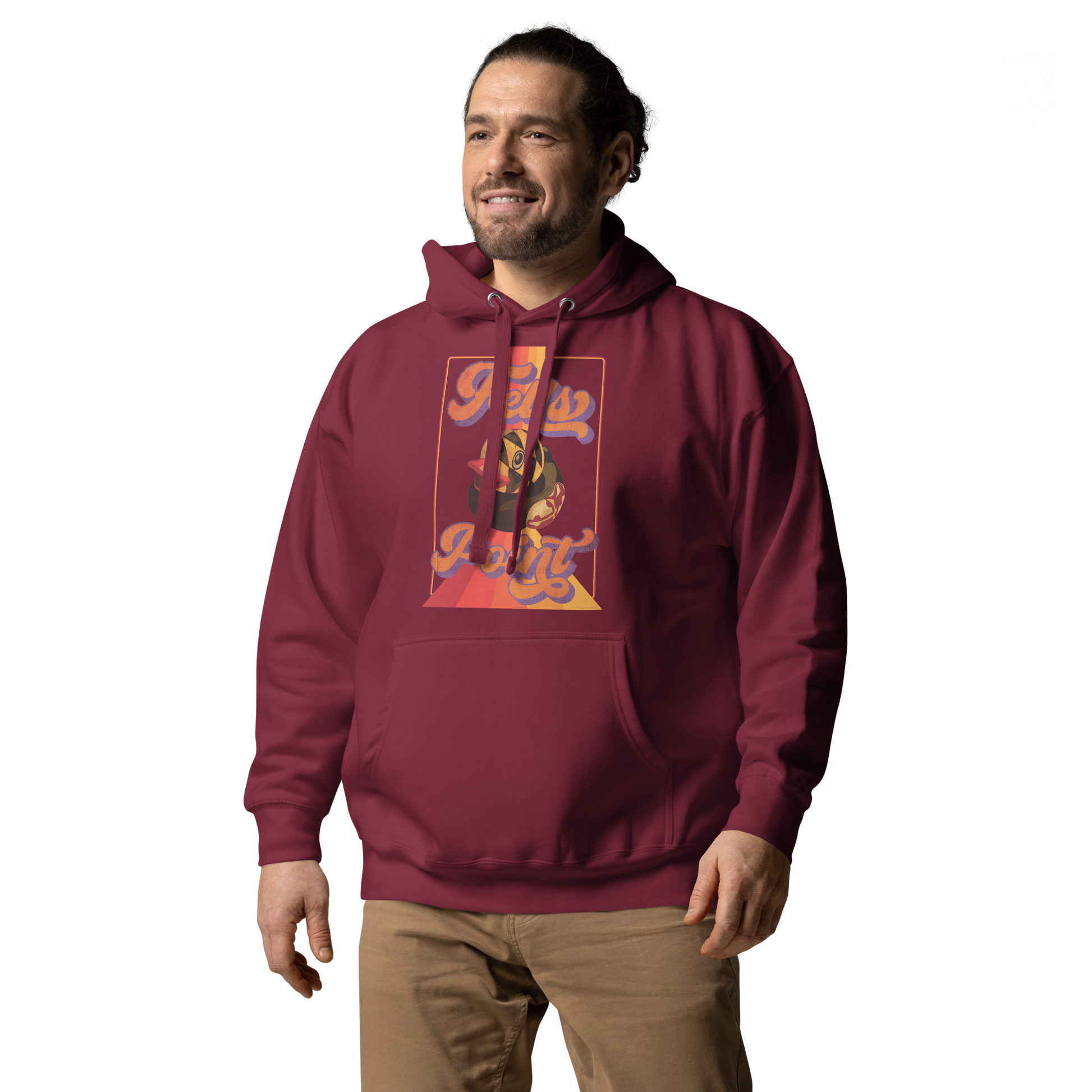 man wearing a maroon pullover hoodie with fells point maryland rubber duck vintage design on chest