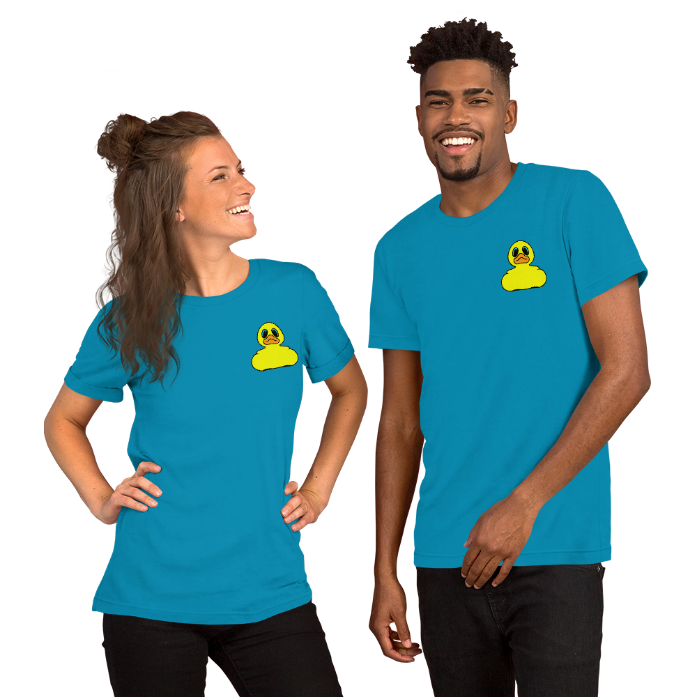 Woman and man wearing Classic yellow rubber duck BMORE DUCKS! logo on aqua t-shirts