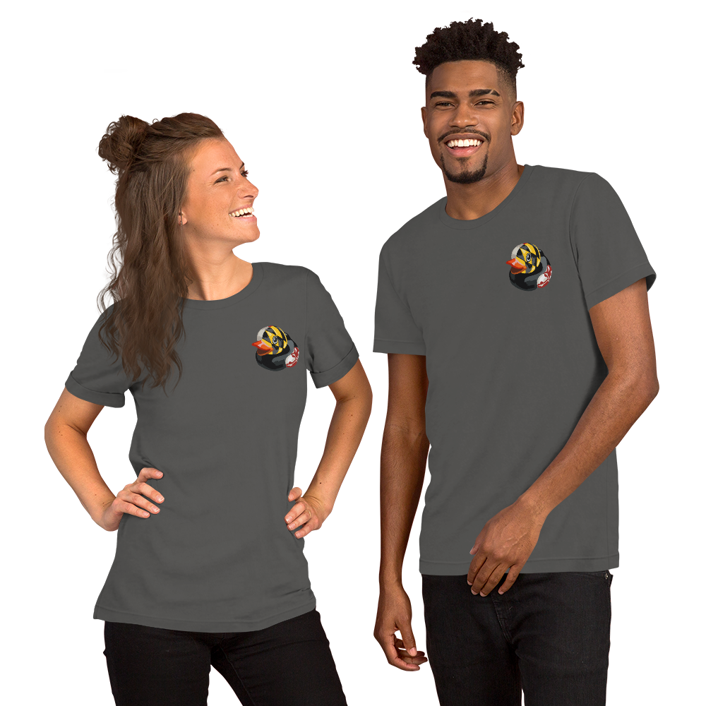 Woman and man wearing Maryland BMORE DUCKS! logo on gray  t-shirts