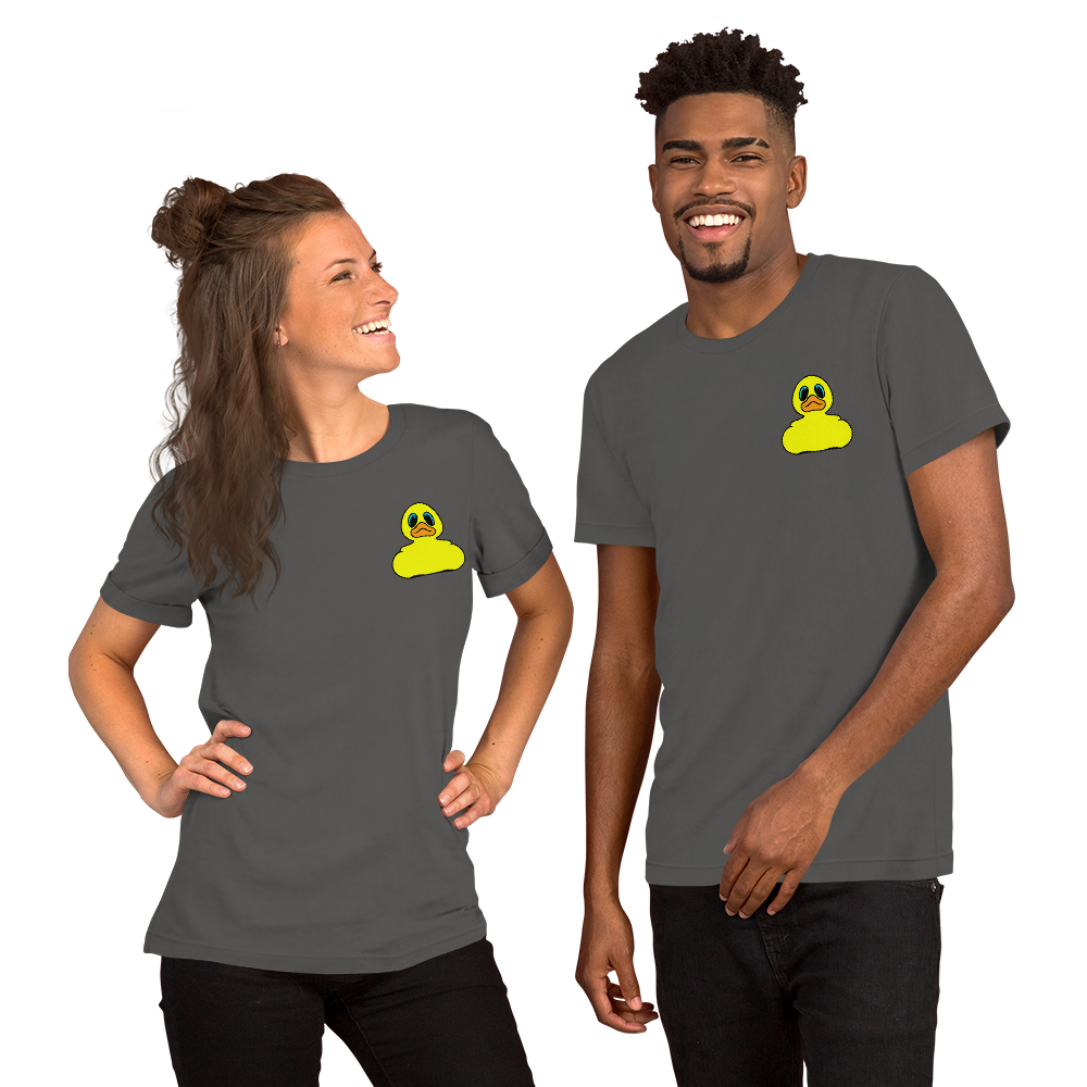 Woman and man wearing Classic yellow rubber duck BMORE DUCKS! logo on gray t-shirts