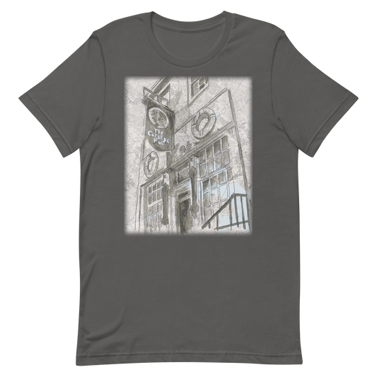 the Cat's Eye Pub gray t-shirt featuring a hand painted watercolor of the bar  originally on top of a vintage map of the city of Baltimore