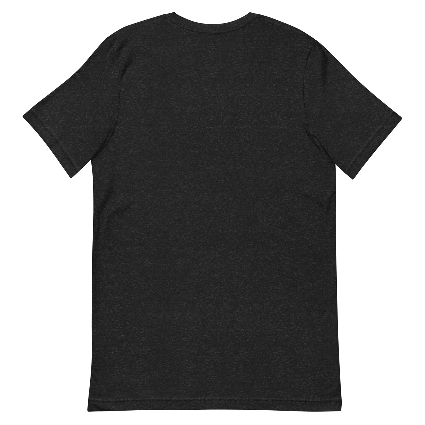 A picture of the back of a black heather t-shirt with no image