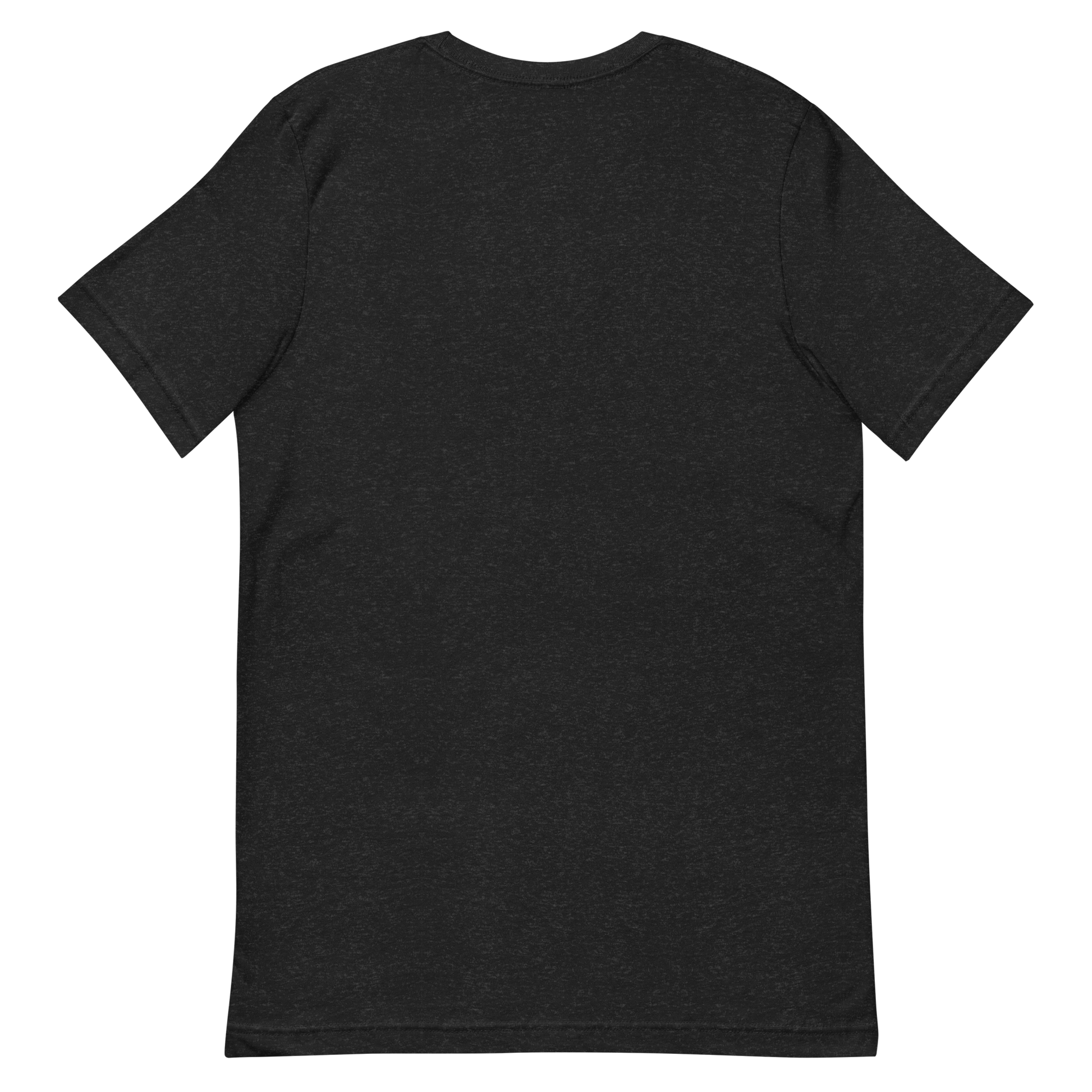 back side of a black heather t-shirt