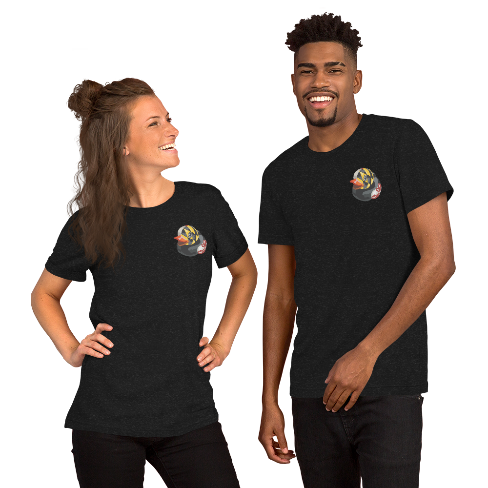 Woman and man wearing Maryland BMORE DUCKS! logo on Black heather t-shirts