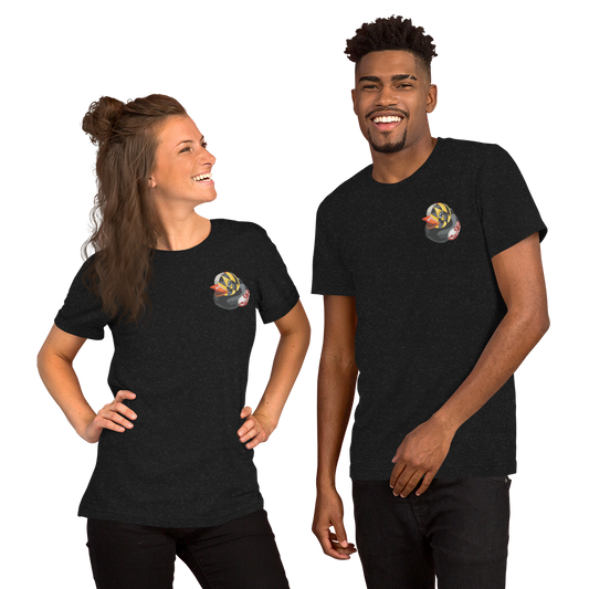 Woman and man wearing Maryland BMORE DUCKS! logo on Black heather t-shirts