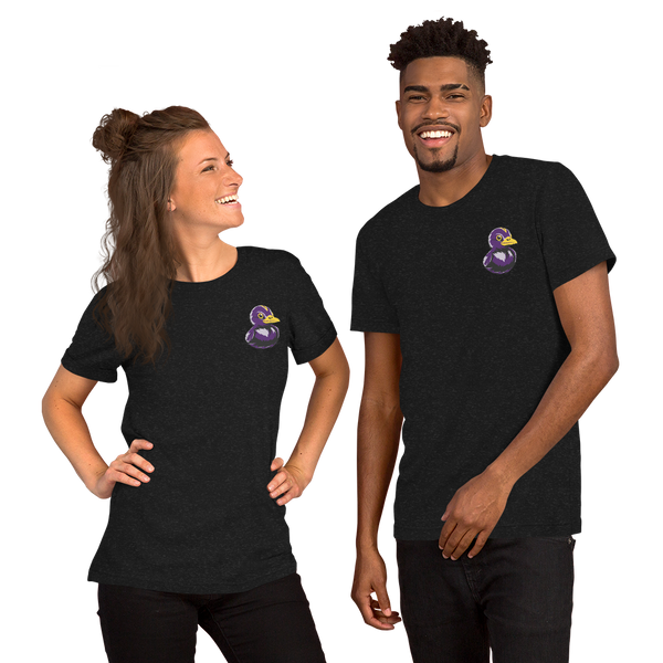 Woman and man wearing Football Fan BMORE DUCKS! logo on black heather t-shirts