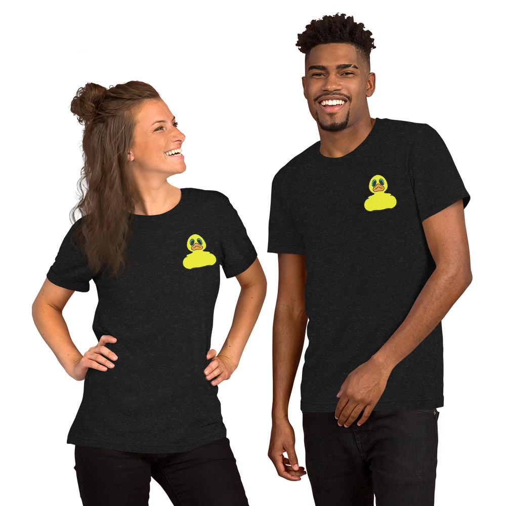 Woman and man wearing Classic yellow rubber duck BMORE DUCKS! logo on black heather t-shirts